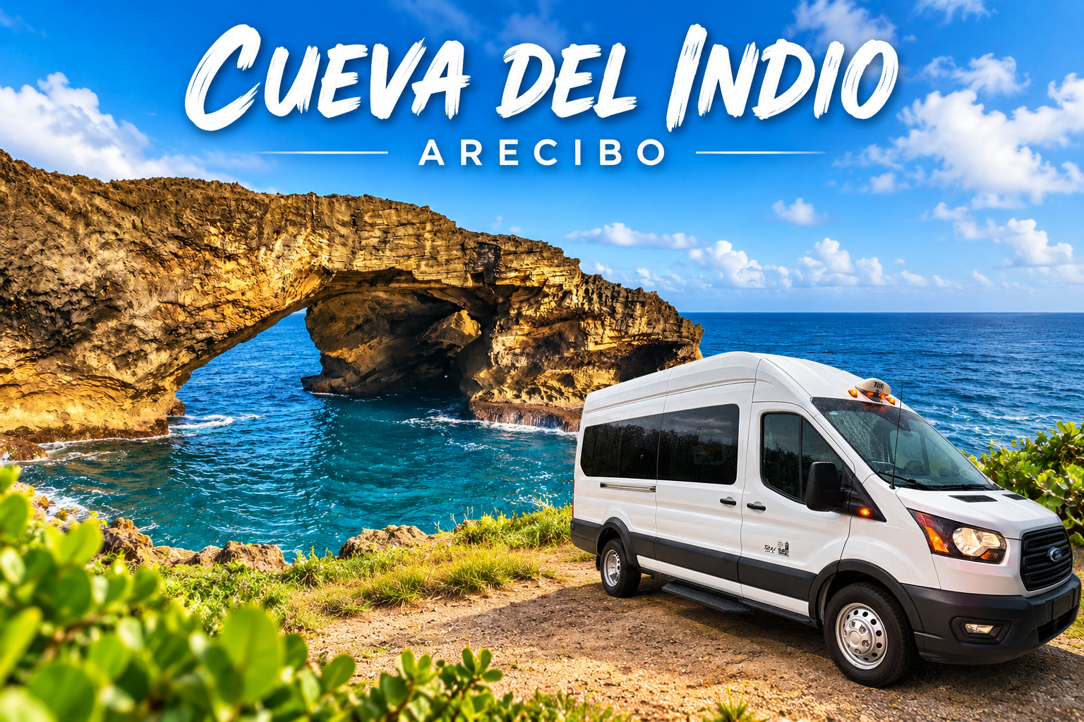 Illustrative composite of Cueva del Indio coastal arch in Arecibo and Ray’s white Ford Transit van